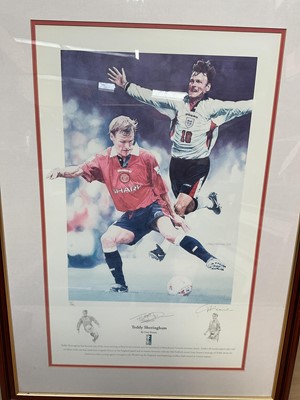 Lot 362 - Gary Keane, limited edition signed prints of Teddy Sheringham and Mark Hughes, both signed by the footballers, and a limited edition print of Eric Cantona signed by the artist Peter Deighan (3)<...