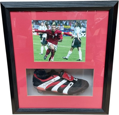 Lot 361 - Adidas football boot signed by David Beckham, in glazed presentation case