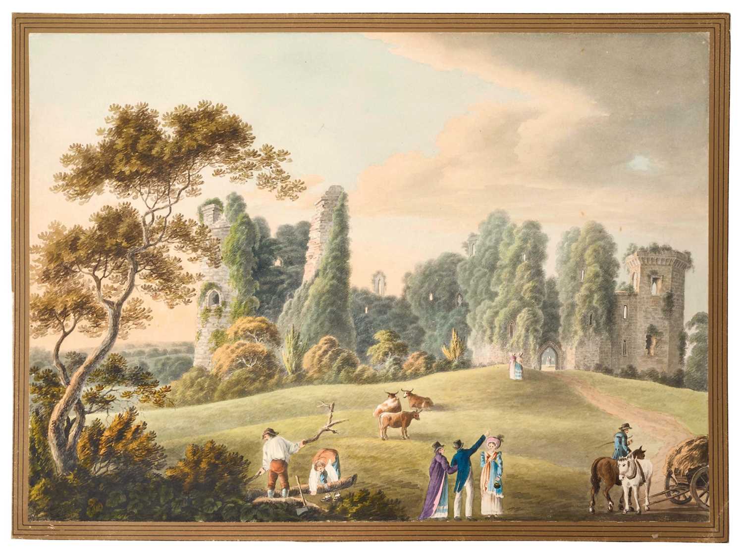 Lot Thomas Remnant Charleton (1756-1849) watercolour - 'Monmouthshire', titled to rear, and titled 'Raglan Castle' to mount, 27 x 37cm