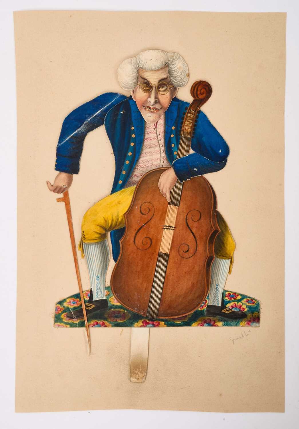 Lot Thomas Remnant Charleton (1756-1849) watercolour - A seated cellist, with tab producing articulated action, inscribed to Mount 'General' approximately 26 x 18cm