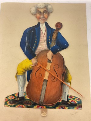 Lot Thomas Remnant Charleton (1756-1849) watercolour - A seated cellist, with tab producing articulated action, inscribed to Mount 'General' approximately 26 x 18cm