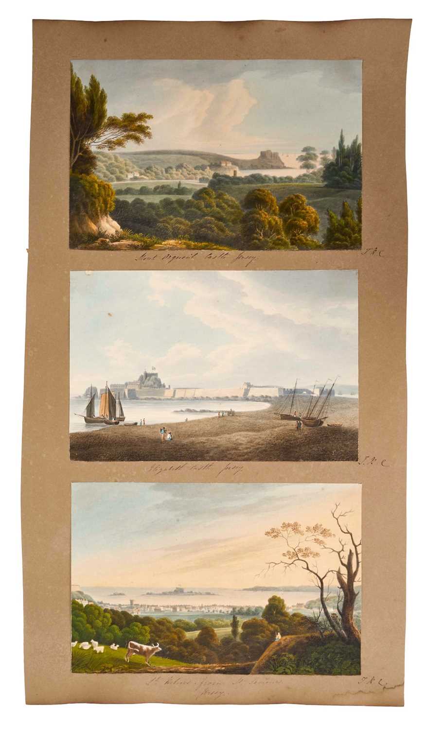Lot 957 - Thomas Remnant Charleton (1756-1849) watercolour - Three scenes of Jersey, each titled to mount: 'Mont Orgueil Castle, Jersey'; 'Elizabeth Castle, Jersey'; 'St Helier from St Saviour, Jersey', e...