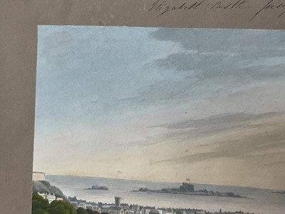 Lot 957 - Thomas Remnant Charleton (1756-1849) watercolour - Three scenes of Jersey, each titled to mount: 'Mont Orgueil Castle, Jersey'; 'Elizabeth Castle, Jersey'; 'St Helier from St Saviour, Jersey', e...