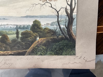 Lot 957 - Thomas Remnant Charleton (1756-1849) watercolour - Three scenes of Jersey, each titled to mount: 'Mont Orgueil Castle, Jersey'; 'Elizabeth Castle, Jersey'; 'St Helier from St Saviour, Jersey', e...