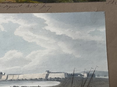 Lot 957 - Thomas Remnant Charleton (1756-1849) watercolour - Three scenes of Jersey, each titled to mount: 'Mont Orgueil Castle, Jersey'; 'Elizabeth Castle, Jersey'; 'St Helier from St Saviour, Jersey', e...