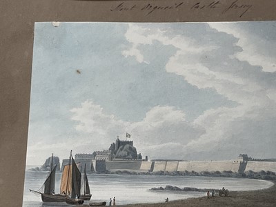 Lot 957 - Thomas Remnant Charleton (1756-1849) watercolour - Three scenes of Jersey, each titled to mount: 'Mont Orgueil Castle, Jersey'; 'Elizabeth Castle, Jersey'; 'St Helier from St Saviour, Jersey', e...