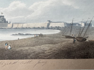 Lot 957 - Thomas Remnant Charleton (1756-1849) watercolour - Three scenes of Jersey, each titled to mount: 'Mont Orgueil Castle, Jersey'; 'Elizabeth Castle, Jersey'; 'St Helier from St Saviour, Jersey', e...