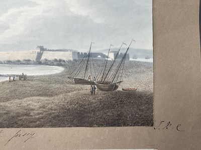 Lot 957 - Thomas Remnant Charleton (1756-1849) watercolour - Three scenes of Jersey, each titled to mount: 'Mont Orgueil Castle, Jersey'; 'Elizabeth Castle, Jersey'; 'St Helier from St Saviour, Jersey', e...
