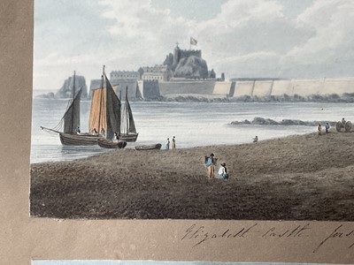 Lot 957 - Thomas Remnant Charleton (1756-1849) watercolour - Three scenes of Jersey, each titled to mount: 'Mont Orgueil Castle, Jersey'; 'Elizabeth Castle, Jersey'; 'St Helier from St Saviour, Jersey', e...
