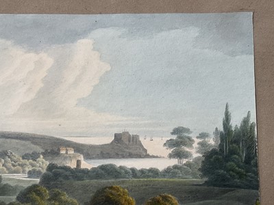 Lot 957 - Thomas Remnant Charleton (1756-1849) watercolour - Three scenes of Jersey, each titled to mount: 'Mont Orgueil Castle, Jersey'; 'Elizabeth Castle, Jersey'; 'St Helier from St Saviour, Jersey', e...