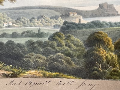 Lot 957 - Thomas Remnant Charleton (1756-1849) watercolour - Three scenes of Jersey, each titled to mount: 'Mont Orgueil Castle, Jersey'; 'Elizabeth Castle, Jersey'; 'St Helier from St Saviour, Jersey', e...