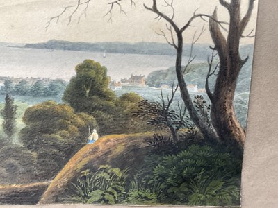 Lot 957 - Thomas Remnant Charleton (1756-1849) watercolour - Three scenes of Jersey, each titled to mount: 'Mont Orgueil Castle, Jersey'; 'Elizabeth Castle, Jersey'; 'St Helier from St Saviour, Jersey', e...