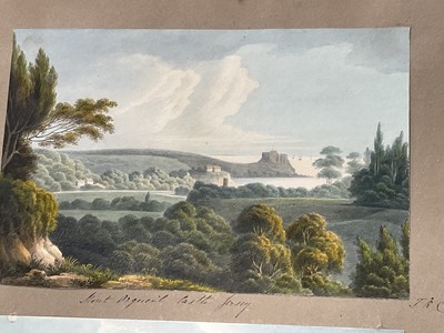 Lot 957 - Thomas Remnant Charleton (1756-1849) watercolour - Three scenes of Jersey, each titled to mount: 'Mont Orgueil Castle, Jersey'; 'Elizabeth Castle, Jersey'; 'St Helier from St Saviour, Jersey', e...