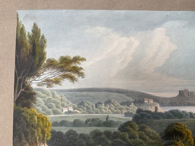Lot 957 - Thomas Remnant Charleton (1756-1849) watercolour - Three scenes of Jersey, each titled to mount: 'Mont Orgueil Castle, Jersey'; 'Elizabeth Castle, Jersey'; 'St Helier from St Saviour, Jersey', e...