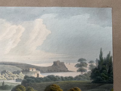 Lot 957 - Thomas Remnant Charleton (1756-1849) watercolour - Three scenes of Jersey, each titled to mount: 'Mont Orgueil Castle, Jersey'; 'Elizabeth Castle, Jersey'; 'St Helier from St Saviour, Jersey', e...