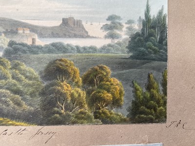 Lot 957 - Thomas Remnant Charleton (1756-1849) watercolour - Three scenes of Jersey, each titled to mount: 'Mont Orgueil Castle, Jersey'; 'Elizabeth Castle, Jersey'; 'St Helier from St Saviour, Jersey', e...