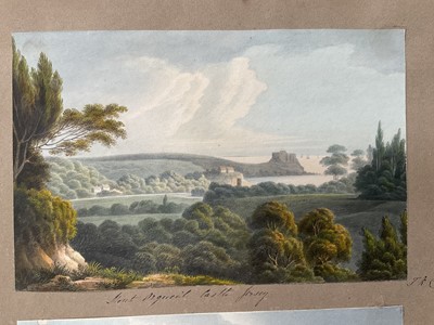 Lot 957 - Thomas Remnant Charleton (1756-1849) watercolour - Three scenes of Jersey, each titled to mount: 'Mont Orgueil Castle, Jersey'; 'Elizabeth Castle, Jersey'; 'St Helier from St Saviour, Jersey', e...
