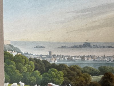 Lot 957 - Thomas Remnant Charleton (1756-1849) watercolour - Three scenes of Jersey, each titled to mount: 'Mont Orgueil Castle, Jersey'; 'Elizabeth Castle, Jersey'; 'St Helier from St Saviour, Jersey', e...