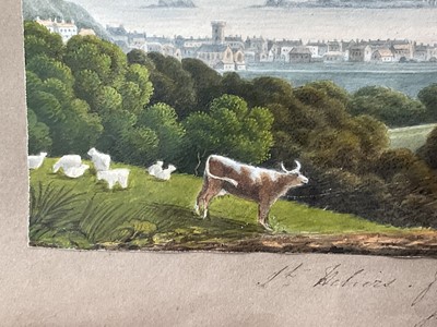Lot 957 - Thomas Remnant Charleton (1756-1849) watercolour - Three scenes of Jersey, each titled to mount: 'Mont Orgueil Castle, Jersey'; 'Elizabeth Castle, Jersey'; 'St Helier from St Saviour, Jersey', e...