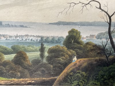 Lot 957 - Thomas Remnant Charleton (1756-1849) watercolour - Three scenes of Jersey, each titled to mount: 'Mont Orgueil Castle, Jersey'; 'Elizabeth Castle, Jersey'; 'St Helier from St Saviour, Jersey', e...