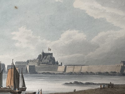 Lot 957 - Thomas Remnant Charleton (1756-1849) watercolour - Three scenes of Jersey, each titled to mount: 'Mont Orgueil Castle, Jersey'; 'Elizabeth Castle, Jersey'; 'St Helier from St Saviour, Jersey', e...