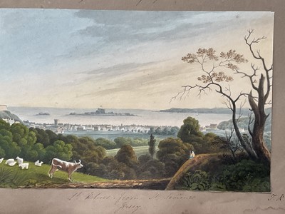 Lot 957 - Thomas Remnant Charleton (1756-1849) watercolour - Three scenes of Jersey, each titled to mount: 'Mont Orgueil Castle, Jersey'; 'Elizabeth Castle, Jersey'; 'St Helier from St Saviour, Jersey', e...