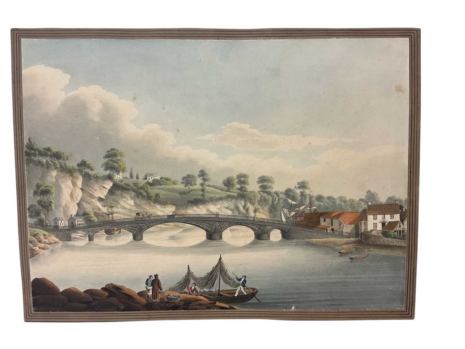 Lot Thomas Remnant Charleton (1756-1849) watercolour - 'Chepstow Bridge' titled to Mount, 27 x 37cm
