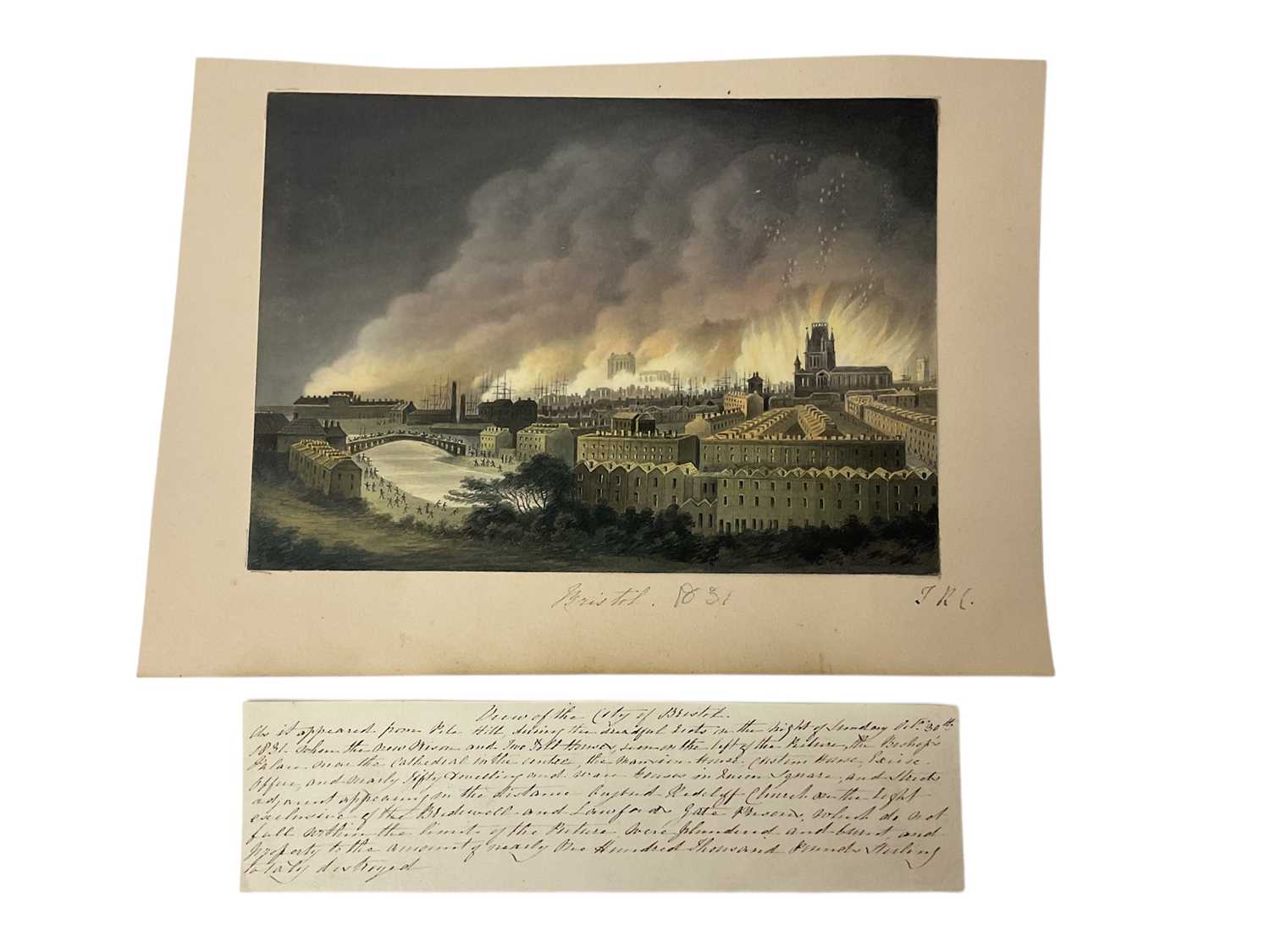 Lot Thomas Remnant Charleton (1756-1849) watercolour - 'Bristol 1831', inscribed to mount and with accompanying text describing the Bristol Reform Riots of 1831, the image copied from an engraving o...