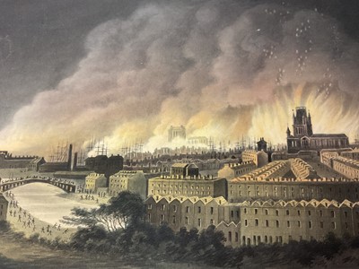 Lot Thomas Remnant Charleton (1756-1849) watercolour - 'Bristol 1831', inscribed to mount and with accompanying text describing the Bristol Reform Riots of 1831, the image copied from an engraving o...