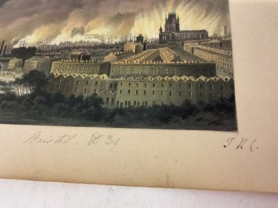 Lot Thomas Remnant Charleton (1756-1849) watercolour - 'Bristol 1831', inscribed to mount and with accompanying text describing the Bristol Reform Riots of 1831, the image copied from an engraving o...