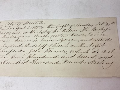 Lot Thomas Remnant Charleton (1756-1849) watercolour - 'Bristol 1831', inscribed to mount and with accompanying text describing the Bristol Reform Riots of 1831, the image copied from an engraving o...