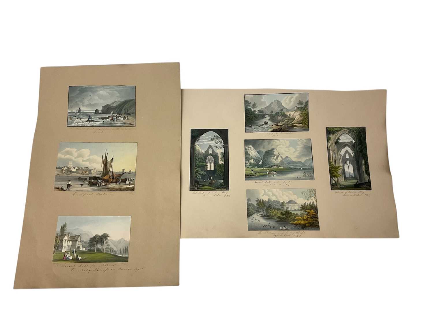 Lot Thomas Remnant Charleton (1756-1849) two album pages containing a total of eight watercolours, depicting scenes in Monmouthshire, Cumberland, Wales etc, titled to mount, each approximately 10 x...