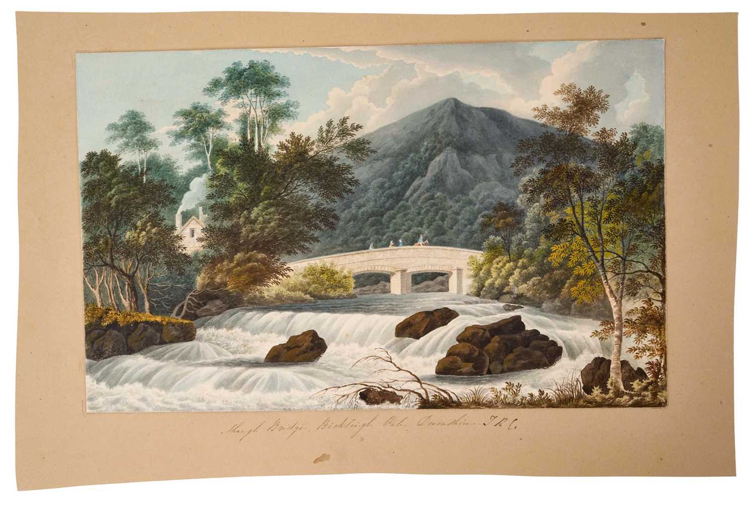 Lot Thomas Remnant Charleton (1756-1849) watercolour - 'Slaugh Bridge, Buckleigh Vale, Devonshire' after the engraving by M. J. Starling, titled to the mount, 19 x 31cm