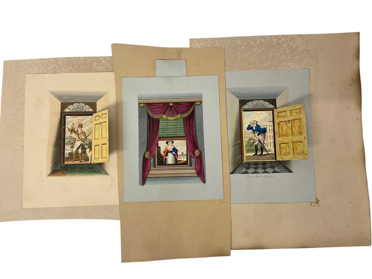 Lot 938 - Thomas Remnant Charleton (1756-1849) watercolour, three amusing works with moving parts, two opening doors and a rising curtain, each approximately 18 x 14cm