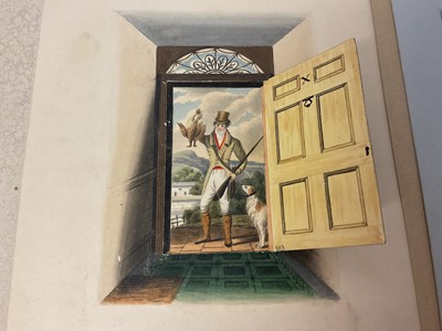 Lot 938 - Thomas Remnant Charleton (1756-1849) watercolour, three amusing works with moving parts, two opening doors and a rising curtain, each approximately 18 x 14cm