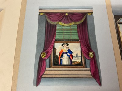 Lot 938 - Thomas Remnant Charleton (1756-1849) watercolour, three amusing works with moving parts, two opening doors and a rising curtain, each approximately 18 x 14cm