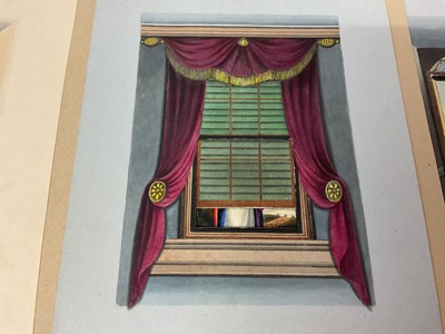 Lot 938 - Thomas Remnant Charleton (1756-1849) watercolour, three amusing works with moving parts, two opening doors and a rising curtain, each approximately 18 x 14cm