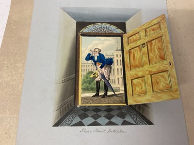 Lot 938 - Thomas Remnant Charleton (1756-1849) watercolour, three amusing works with moving parts, two opening doors and a rising curtain, each approximately 18 x 14cm