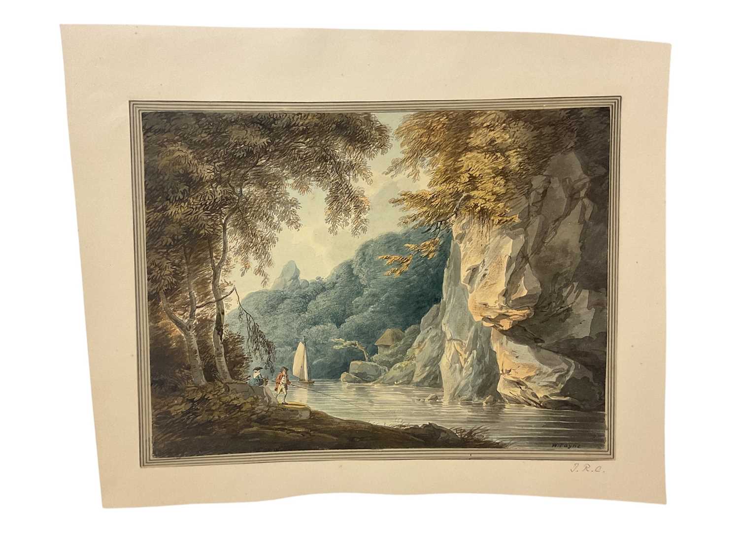 Lot William Payne (1760-1830) or Thomas Remnant Charleton (1756-1849) after William Payne, watercolour - On the Tamar, signed, inscribed to the Mount T.R.C. for Thomas Remnant Charleton (1756-1849)
