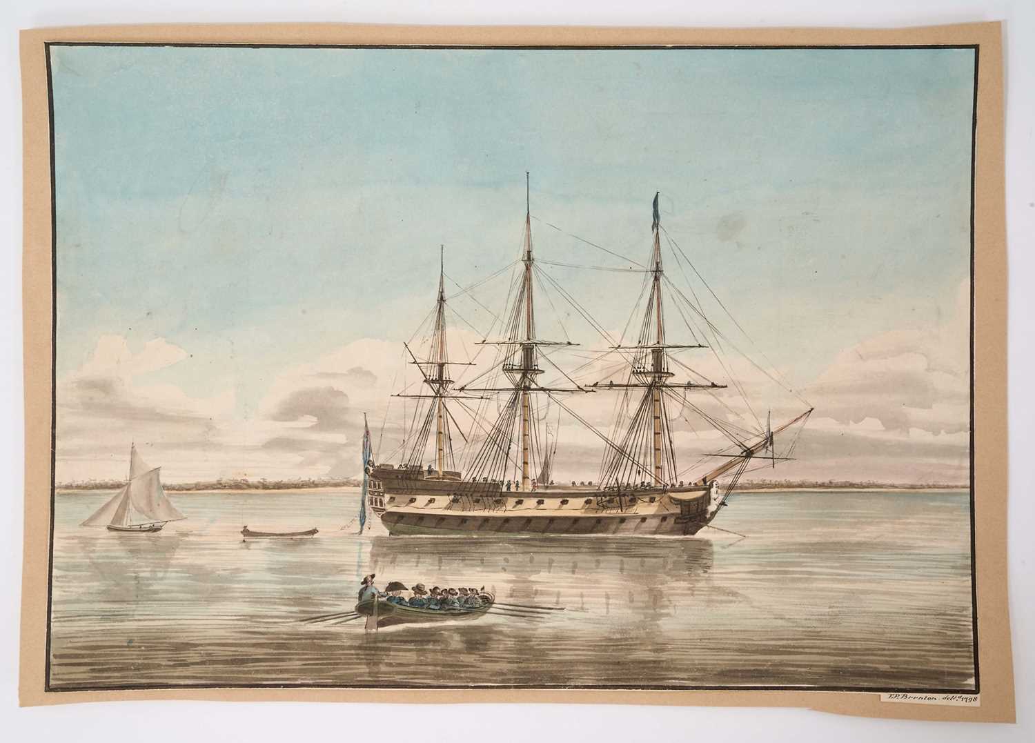 Lot Edward Pelham Brenton (1774-1839) watercolour - Ship at anchor, signs and dated 1798, 28 x 39cm. NB: E. P. Brenton was a Royal Navy officer serving in both the French Revolutionary and Napoleoni...