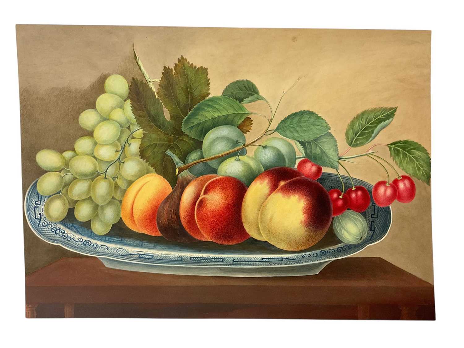 Lot Thomas Remnant Charleton (1756-1849) watercolour - Still life of fruit in a blue and white dish, 25 x 35cm