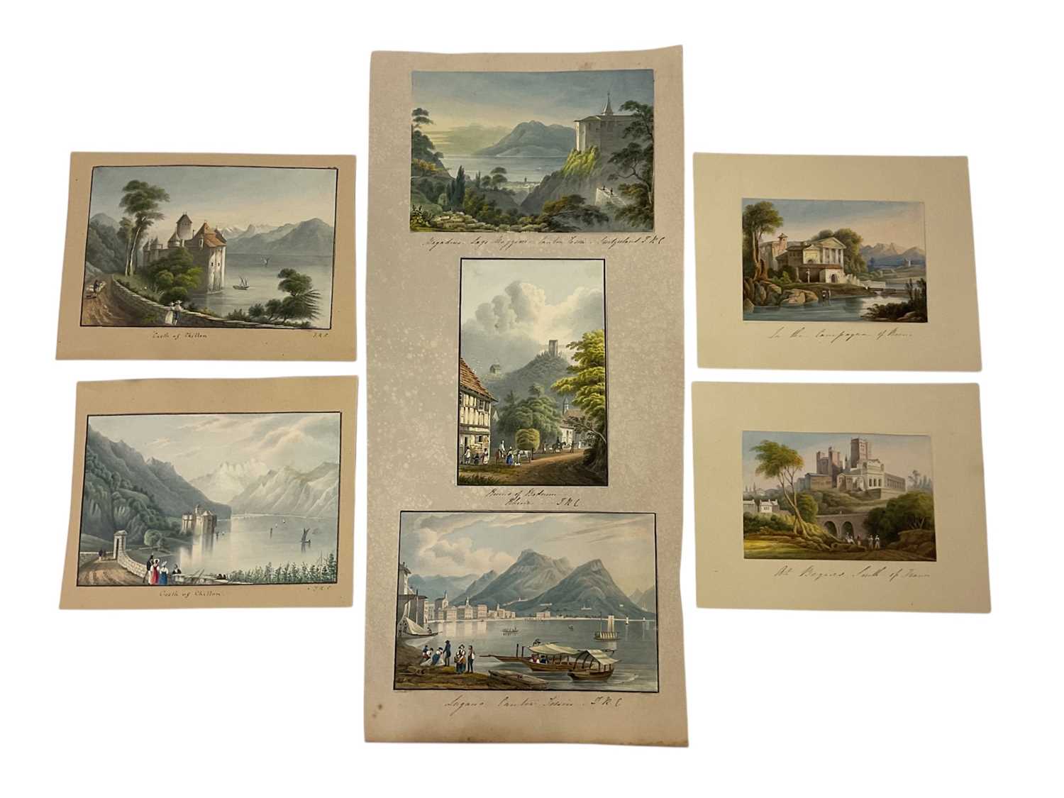 Lot Thomas Remnant Charleton (1756-1849) seven various continental scene watercolours, the largest depicting lake Lugano, 11 x 17cm