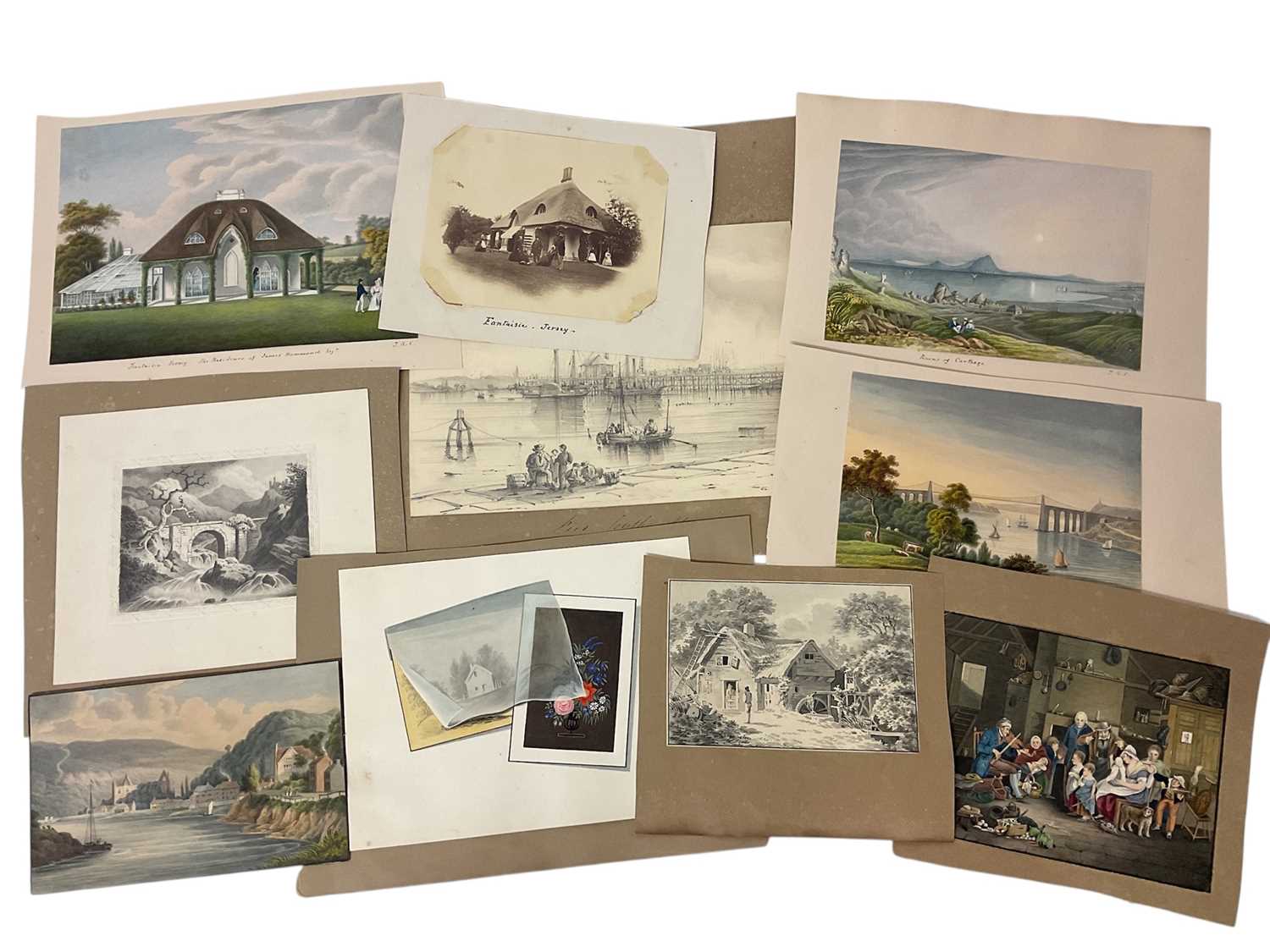 Lot Thomas Remnant Charleton (1756-1849) watercolour - 'Fantasia, Jersey, the residence of James Hammond Esq., 15 x 22cm, and eight further works on paper by the same hand