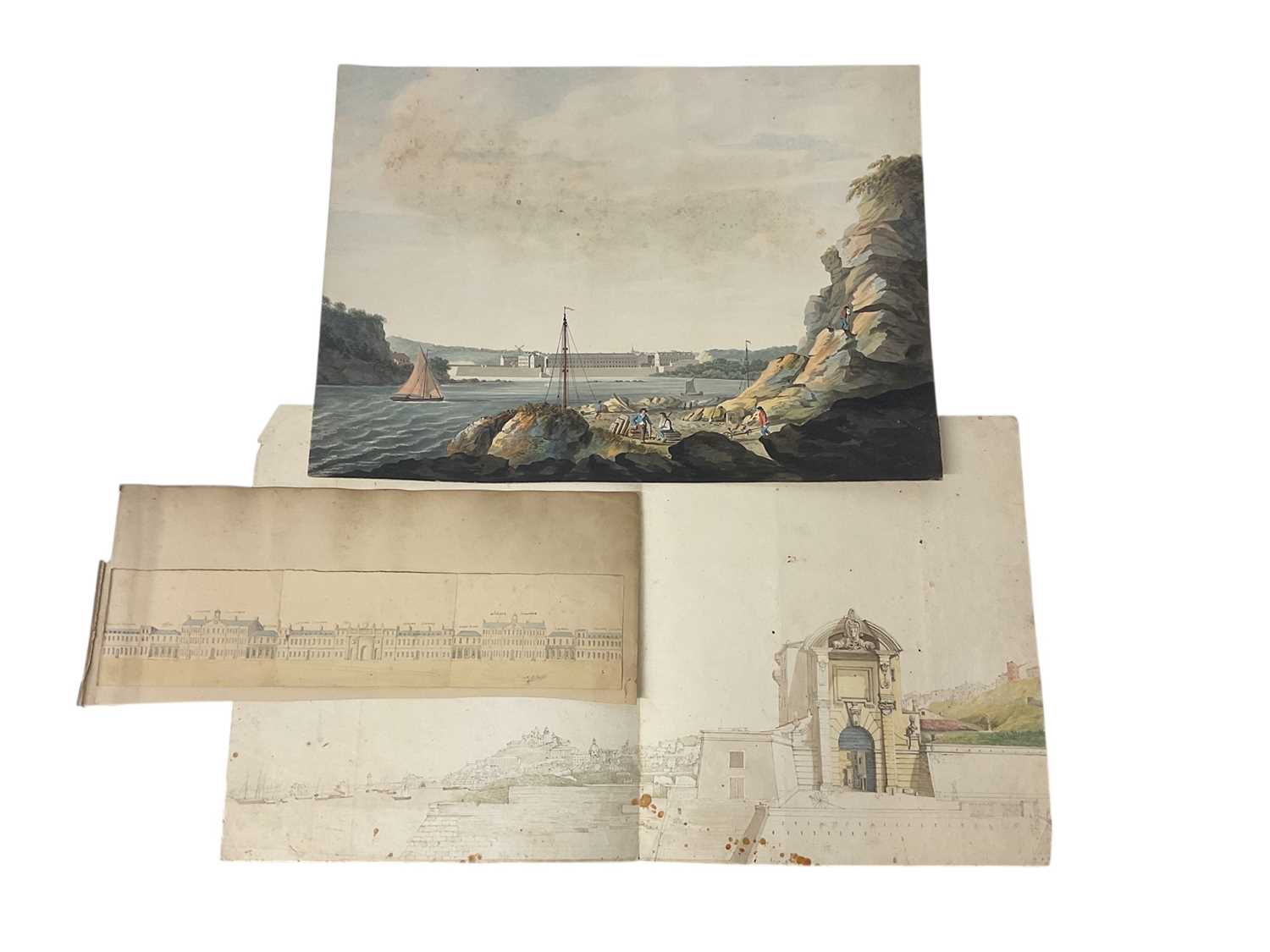 Lot 956 - Thomas Remnant Charleton (1756-1849) watercolour - Marine Barracks, at Stonehouse near Plymouth, titled verso, 33 x 44cm, together with a watercolour panorama titled verso 'scetch (sic) of the R...