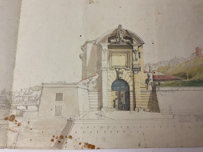 Lot 956 - Thomas Remnant Charleton (1756-1849) watercolour - Marine Barracks, at Stonehouse near Plymouth, titled verso, 33 x 44cm, together with a watercolour panorama titled verso 'scetch (sic) of the R...