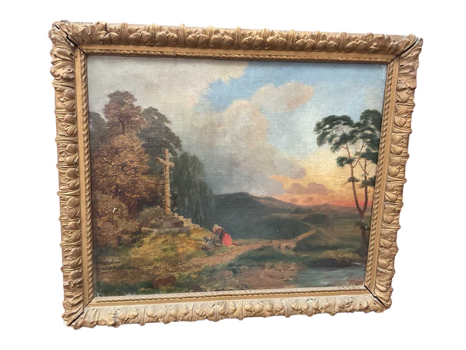 Lot 216 - Alexandre le Bihan (1837/9-1924) oil on canvas, figures at the cross in a landscape