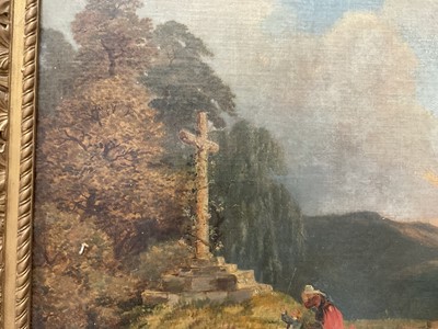 Lot 216 - Alexandre le Bihan (1837/9-1924) oil on canvas, figures at the cross in a landscape