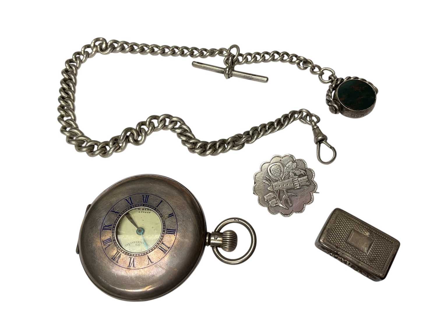Lot 18 - 1930s J.W. Benson silver half hunter pocket watch, silver watch chain with rotating fob, Georgian silver vinaigrette and a Victorian silver brooch