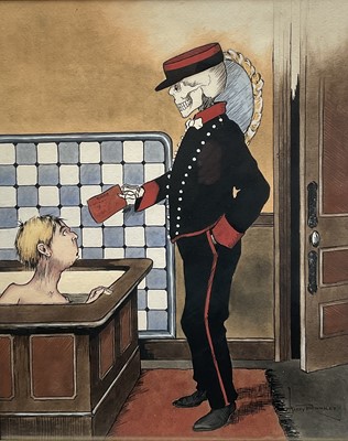 Lot 30 - Harry Rawnsley (early 20th century) set of five early 20th century watercolours of bar room subjects. By repute these illustrations were made for Boys Own magazine