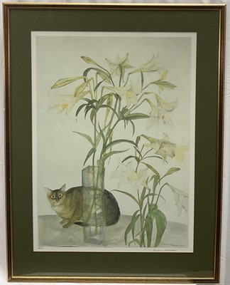 Lot 1411 - Elizabeth Blackadder (1931-2021) lithograph - Abyssinian Cat and Lilies, signed and numbered 138/350, 67cm x 48cm, glazed frame